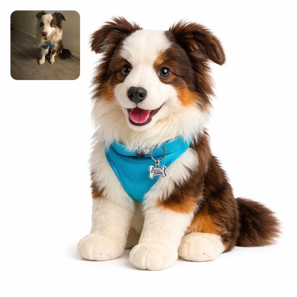 A cheerful dog (blue harness and ID tag included) sits indoors grinning at the camera like it just told a joke. Soft, warm lighting and a slightly soft focus give the shot a cozy, candid vibe — wood-look flooring, a neutral wall, and the pup's fluffy tail completing the scene.