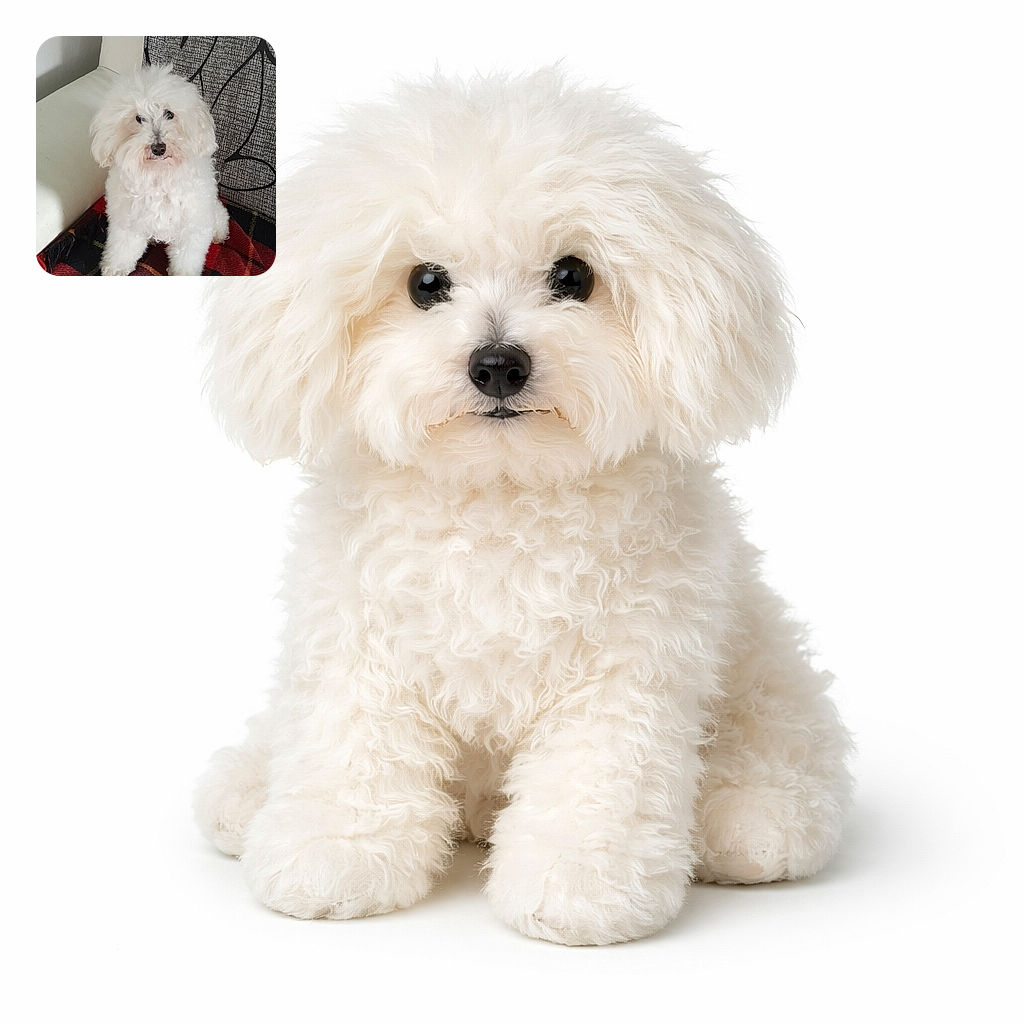 A fluffy white dog (looks like a small bichon-style pup) sits on a tartan blanket draped over a sofa, staring at the camera with a slightly bemused, regal expression — as if politely reminding you it's treat time. The textured cushion and pale couch frame the pup, whose curly fur and dark button nose steal the show.