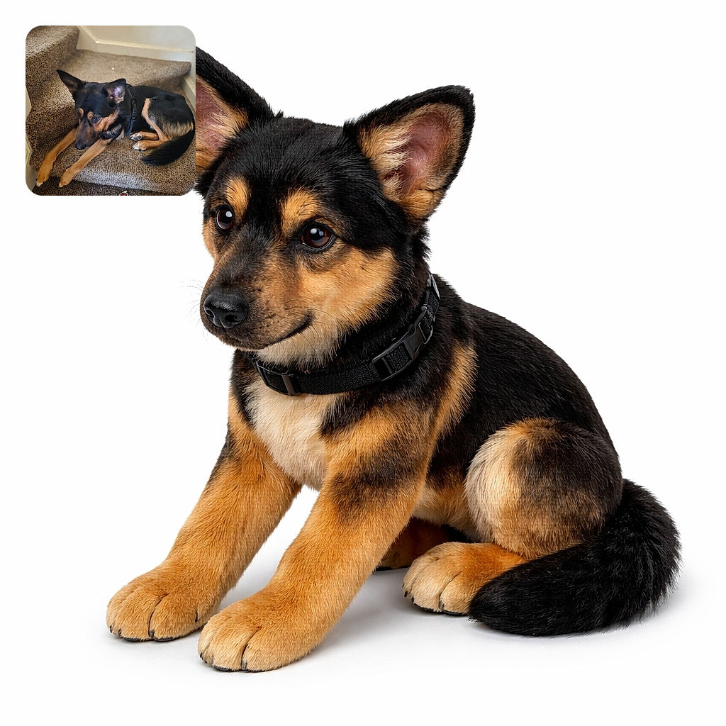 A sleek black and tan dog lounges comfortably on a carpeted staircase, looking thoughtfully to the side as if plotting its next playful adventure.