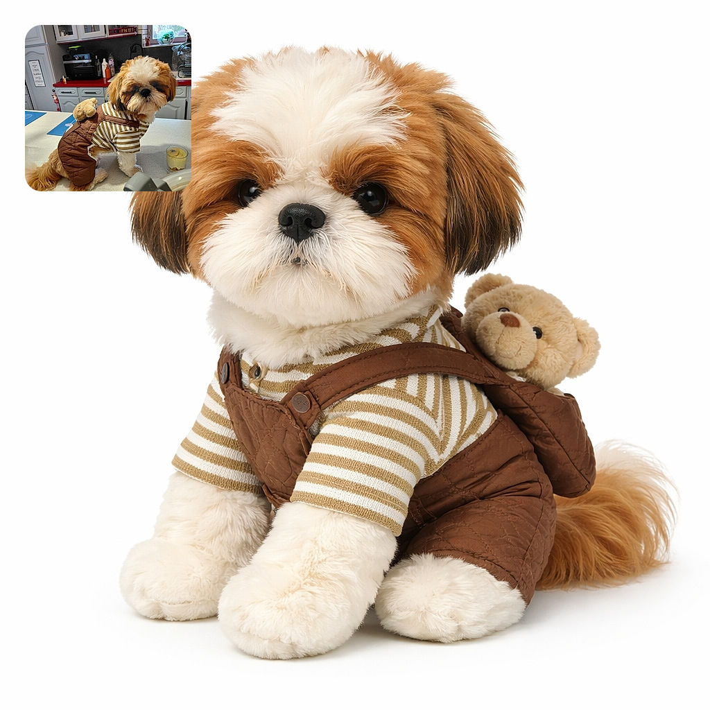 A fluffy little dog in a striped shirt and brown quilted overalls (with a tiny plush backpack) perches on a kitchen countertop like it owns the place, eyeing a small dessert while the cabinets and appliances stage a cozy domestic backdrop.