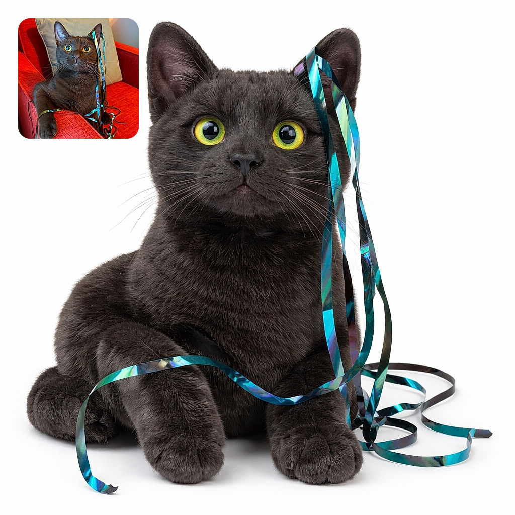 A wide-eyed black cat lounges like royalty on a red armchair, theatrically tangled in shiny teal ribbons — equal parts majestic, guilty, and ready for its close-up with whiskers on full display.