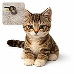 A curious little tabby kitten is lounging on a fluffy beige carpet, eyes wide and alert, with a bright yellow ball toy beside it. The background shows a wooden floor and a cozy white pet bed, creating a warm and inviting indoor scene.