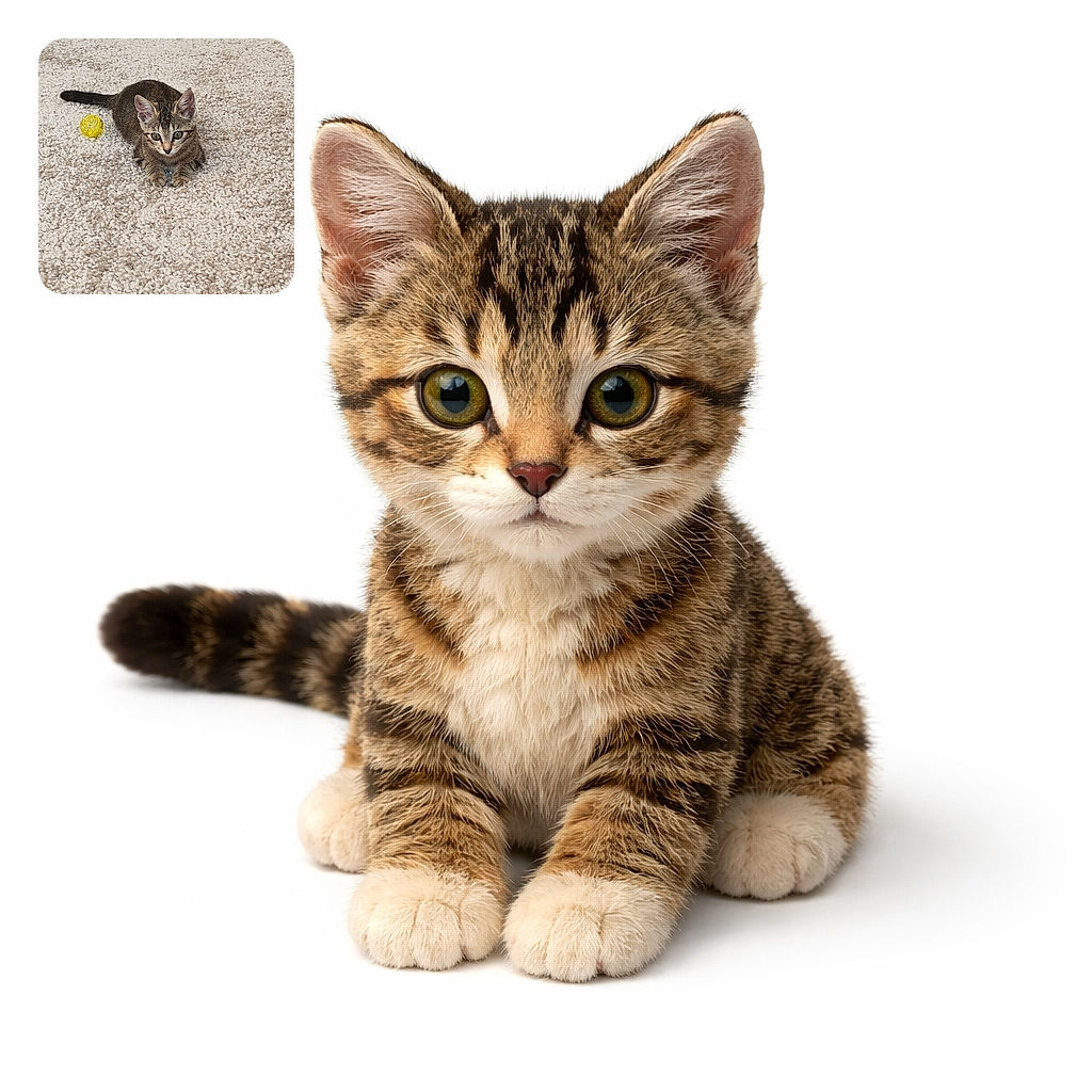 A curious little tabby kitten is lounging on a fluffy beige carpet, eyes wide and alert, with a bright yellow ball toy beside it. The background shows a wooden floor and a cozy white pet bed, creating a warm and inviting indoor scene.