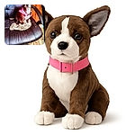 A small dog with a bright pink collar sits on a black leather chair with a crumpled cloth beneath it. The photo is a bit blurry and slightly out of focus, but the dog's curious expression and upright ears add charm to the shot. The background features wooden paneling and a patterned floor.