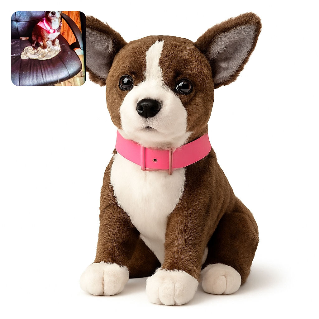 A small dog with a bright pink collar sits on a black leather chair with a crumpled cloth beneath it. The photo is a bit blurry and slightly out of focus, but the dog's curious expression and upright ears add charm to the shot. The background features wooden paneling and a patterned floor.