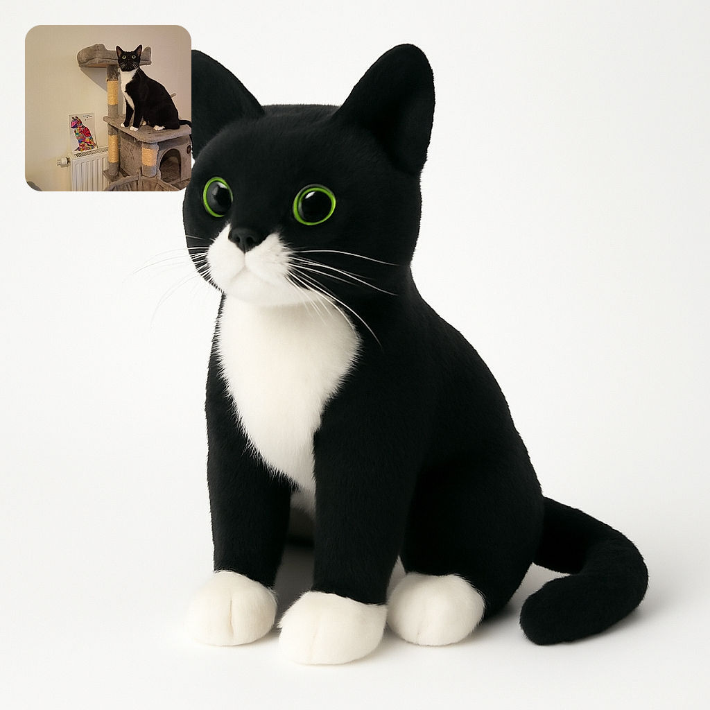 A curious tuxedo cat with bright green eyes perches proudly on a multi-level gray cat tree, striking a pose as if it owns the place. Behind the cat, a colorful artistic drawing of a cat adds a splash of vibrant contrast to the otherwise neutral-toned room.