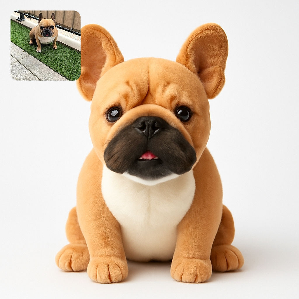A charming French Bulldog sits on a strip of artificial grass next to a concrete path, looking slightly grumpy but adorable with its tongue peeking out. The background features a beige fabric screen providing a neutral backdrop that highlights the dog's expressive face.