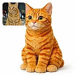 An alert ginger cat sits upright on a table covered with a floral tablecloth, surrounded by kitchen items in the background, looking like the boss of the kitchen domain.