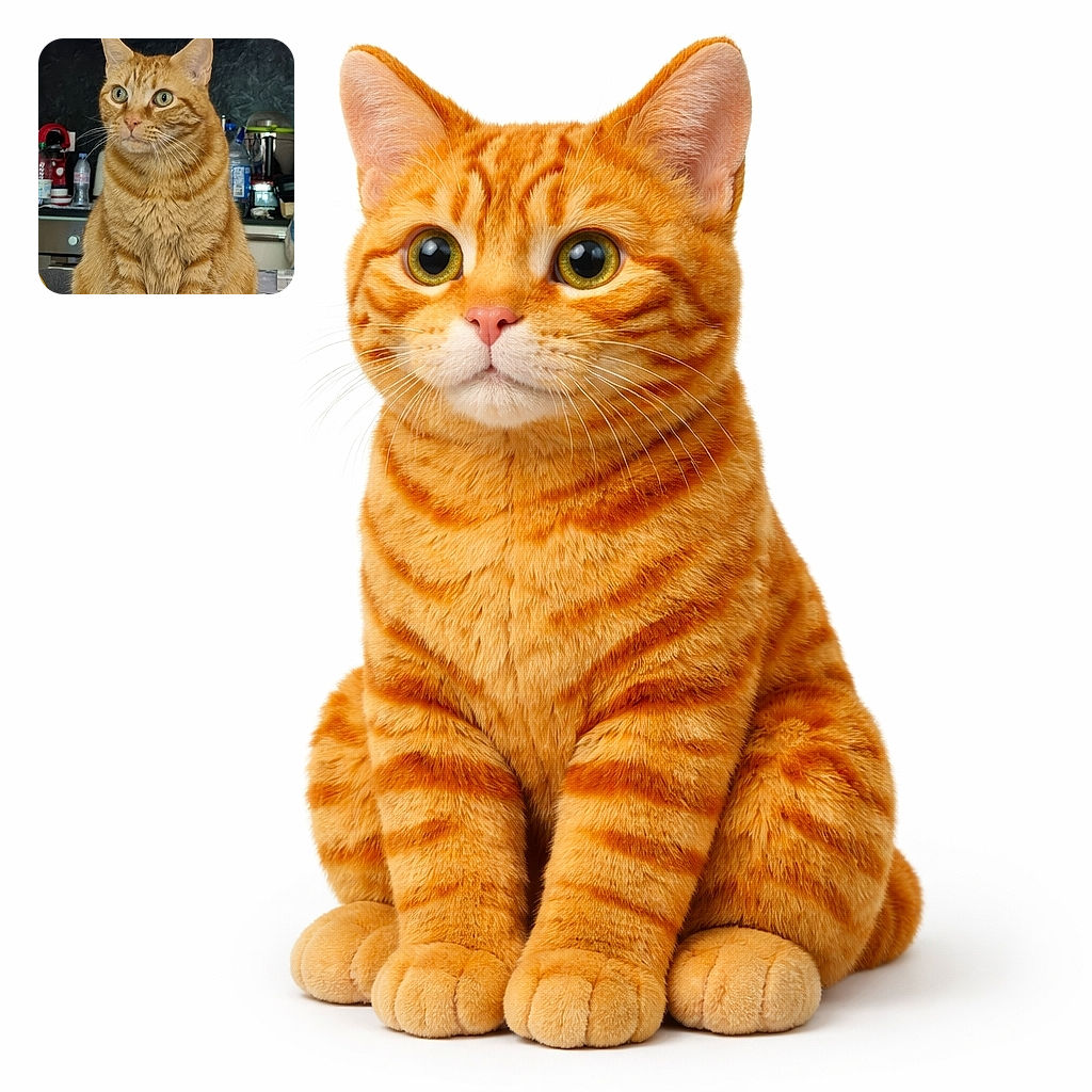 An alert ginger cat sits upright on a table covered with a floral tablecloth, surrounded by kitchen items in the background, looking like the boss of the kitchen domain.
