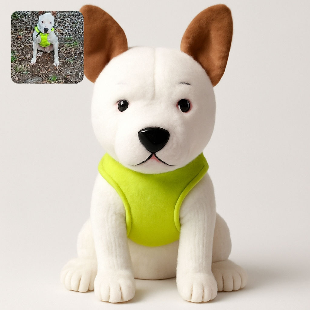 A white dog with heterochromia (two different colored eyes) wearing a bright neon green harness is sitting attentively on a patch of dirt and dry leaves, giving off an alert and curious vibe in a natural outdoor setting.