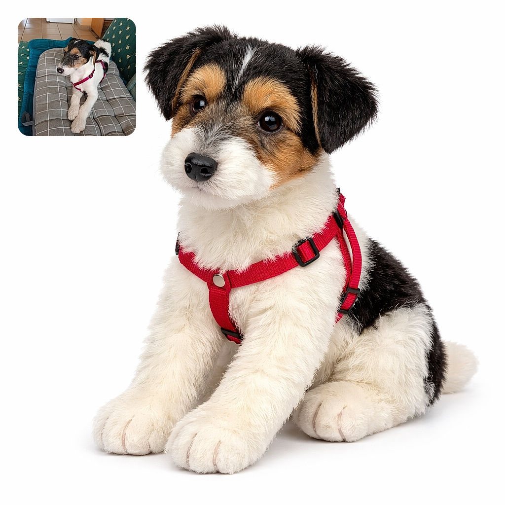 A scruffy terrier puppy in a pink harness reclines like royalty on a checkered cushion, nose slightly speckled and ears perked as it surveys the living room — tile floor, patterned armchair and cushions make a cozy backdrop for this tiny, dignified poser.