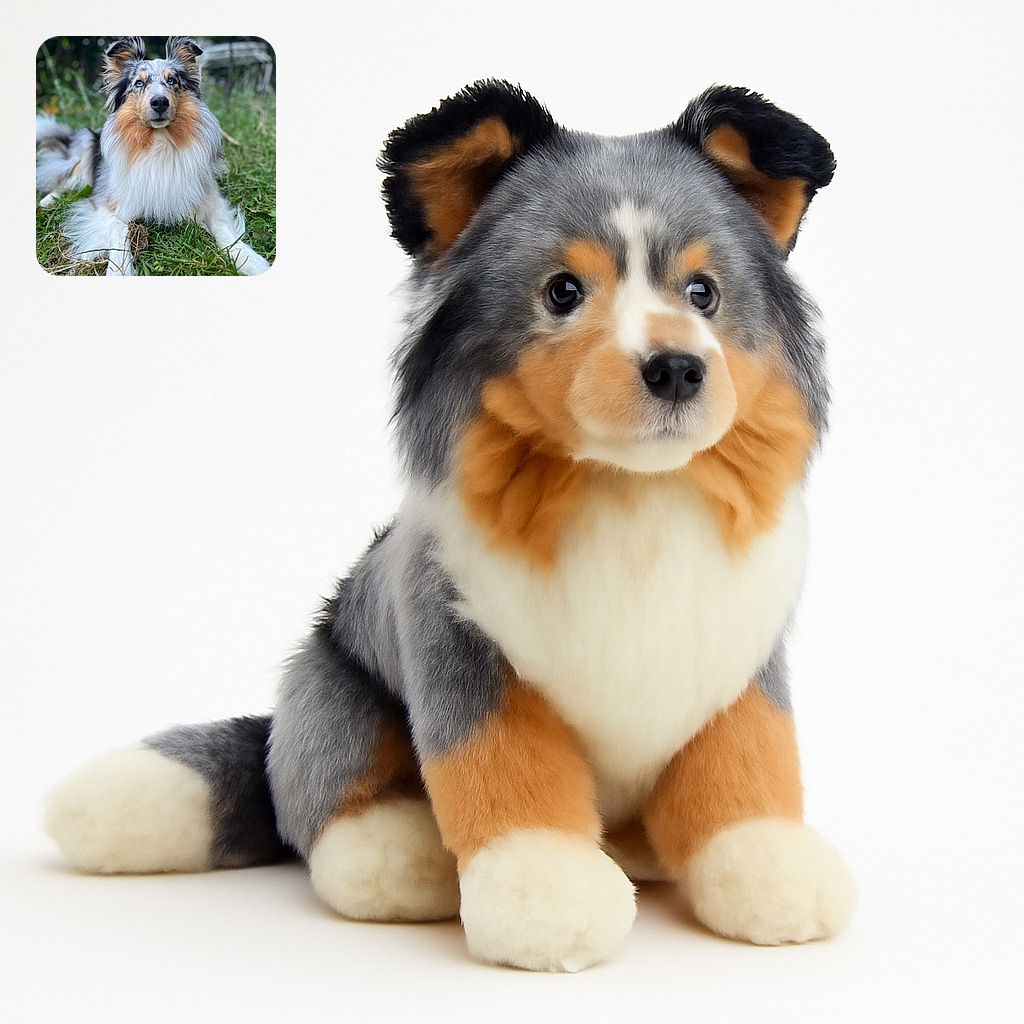 A majestic fluffy dog with striking blue eyes lounges gracefully on the grass, looking thoughtfully into the distance with a soft-focus natural background enhancing its regal fur and calm demeanor.