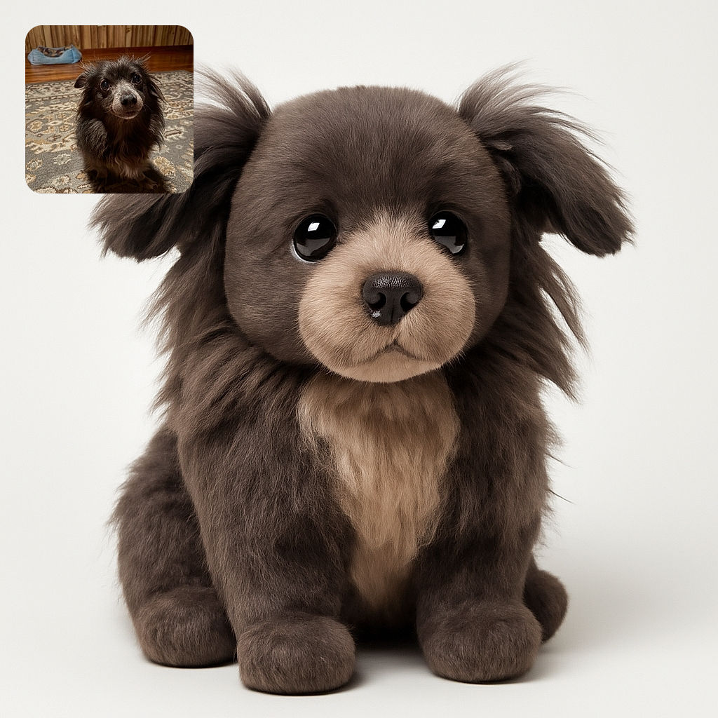 A fluffy, wide-eyed dog with a slightly tousled coat sits on a patterned rug, looking up with an expression that screams 'treat, please?' The cozy wood-paneled room and soft lighting add a warm, homey vibe.