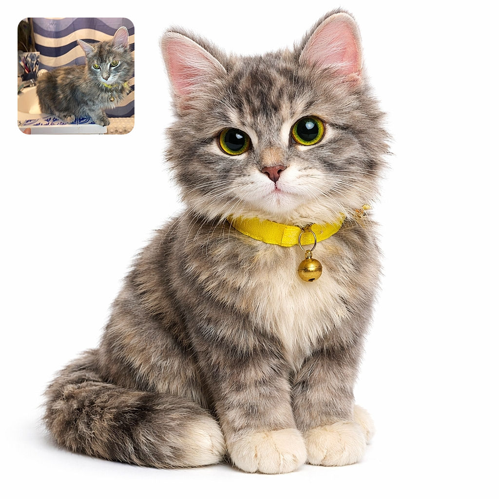 A fluffy grey tabby perches regally on the bathroom sink like it owns the plumbing — bell jangling, ears pointed, and eyes glittering with obvious plotting for more treats.
