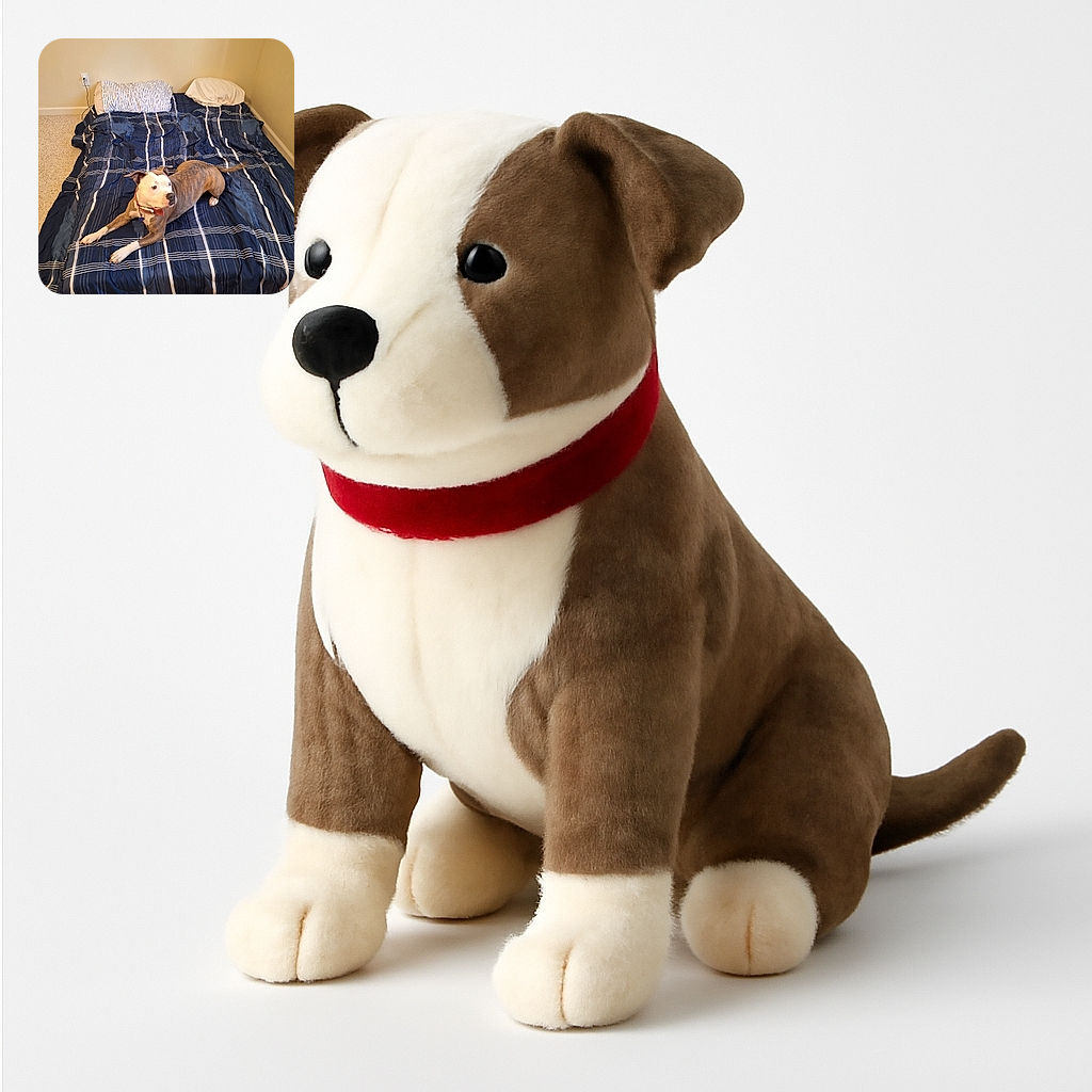 A brindle and white dog lounges on a neatly made bed with navy blue striped bedding, looking curiously to the side in a cozy, minimally decorated room.