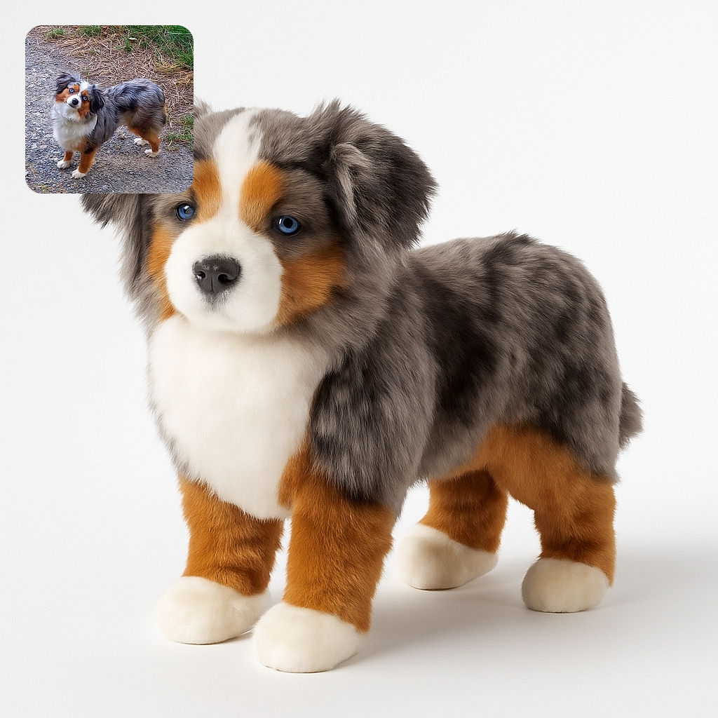 A charming Australian Shepherd dog with striking blue eyes tilts its head curiously while standing on a gravel path surrounded by patches of grass and dried straw, giving off an inquisitive and playful vibe.