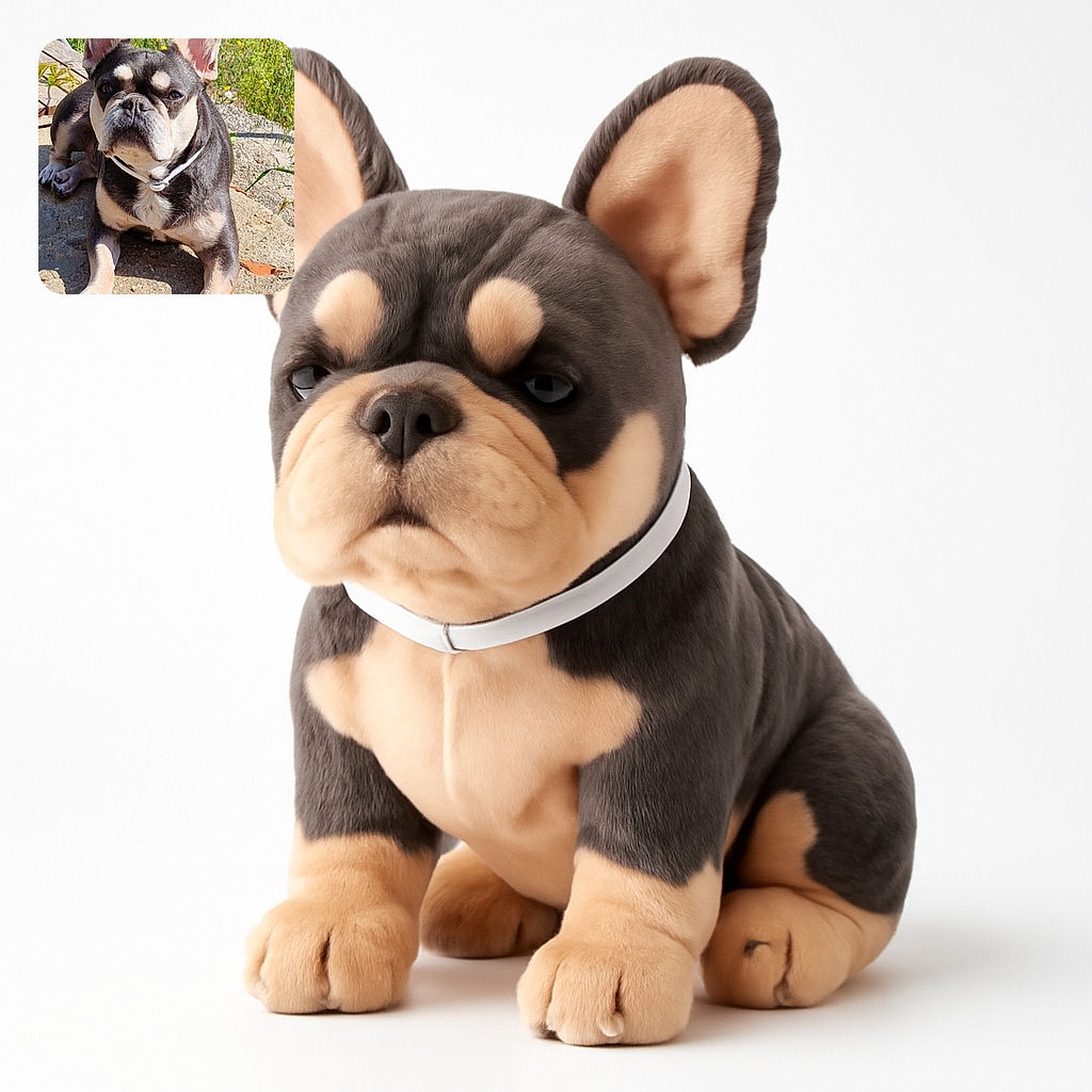 A sturdy French Bulldog basks in the sunlight on a stone surface with a backdrop of wildflowers and greenery, looking curiously at the camera with its large ears perked up.