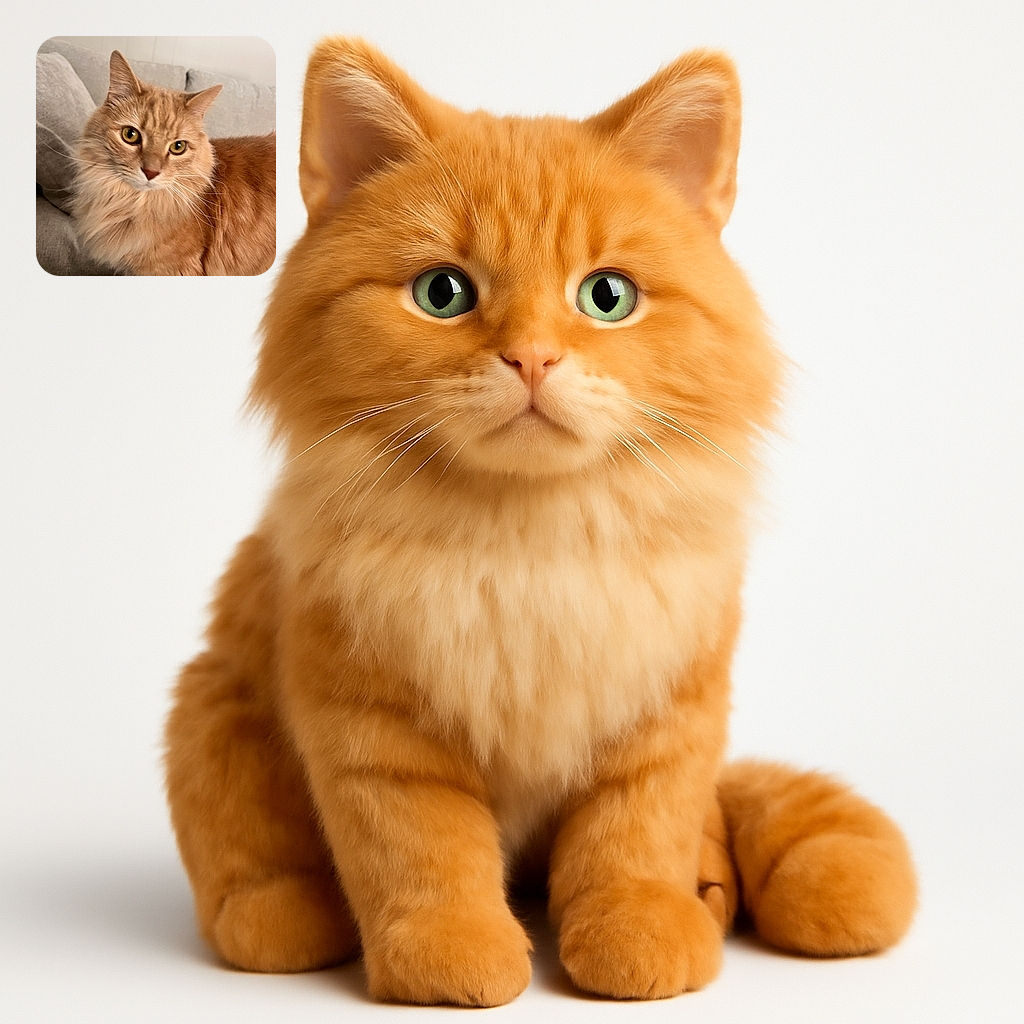 A fluffy orange cat with big golden eyes stares curiously at the camera while perched on a cozy gray couch, its luxurious fur glowing softly in warm indoor light.