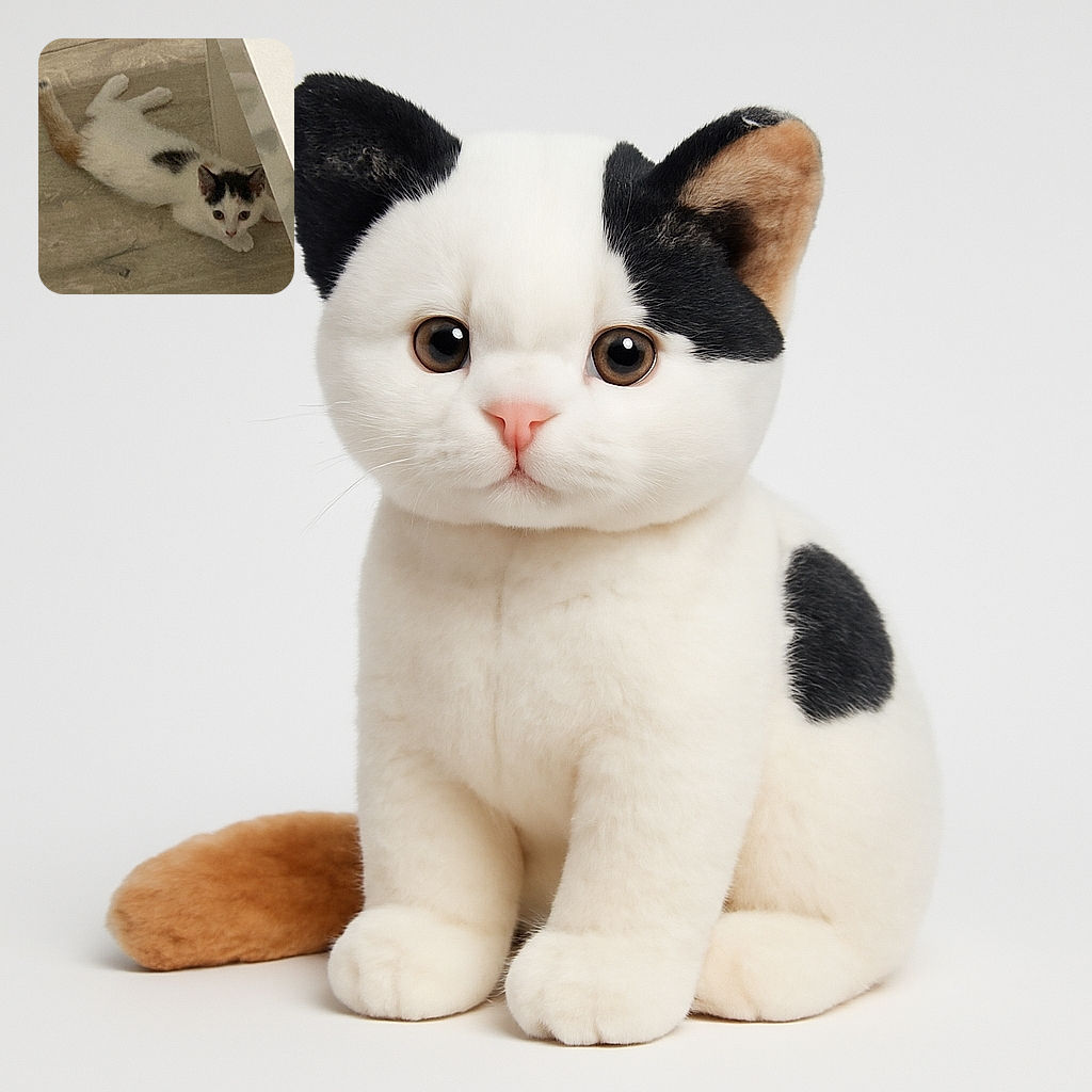 A small kitten with white fur and black spots is lying on a wooden floor, peeking out from behind a piece of furniture with curious wide eyes, ready to pounce or nap.