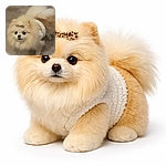 A plush, wide-eyed Pomeranian stares up like it forgot where it hid the treats, sporting a tiny leopard-print bow and a cloud of fluffy fur that could double as a pillow.