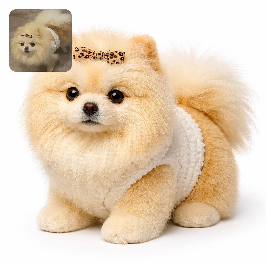 A plush, wide-eyed Pomeranian stares up like it forgot where it hid the treats, sporting a tiny leopard-print bow and a cloud of fluffy fur that could double as a pillow.