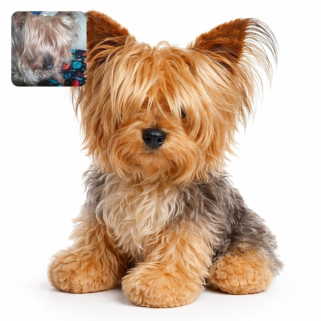 A shaggy little Yorkie steals the spotlight with hair covering most of its face, nose just peeking through above a colorful planet-patterned blanket — a delightful blurry mess of fur and curiosity, with a hand holding a phone lurking in the background.