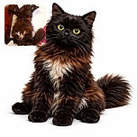 A fluffy black cat with bright yellow eyes is sprawled out on a white surface, looking curiously at the camera. The cat's fur is thick and slightly tousled, and there's a cozy, colorful blanket nearby along with a soft plush toy partially visible at the bottom. The setting feels warm and homey, with the cat clearly enjoying a relaxed moment.