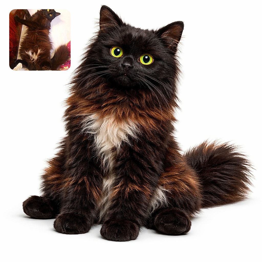 A fluffy black cat with bright yellow eyes is sprawled out on a white surface, looking curiously at the camera. The cat's fur is thick and slightly tousled, and there's a cozy, colorful blanket nearby along with a soft plush toy partially visible at the bottom. The setting feels warm and homey, with the cat clearly enjoying a relaxed moment.