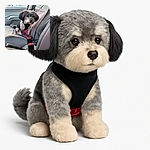 A small, fluffy dog with a black harness sits attentively on the passenger seat of a car, surrounded by soft car seat covers and a pink cloth. The dog looks curious and ready for a ride, while the car interior is clean and well-lit by natural light through the windows.