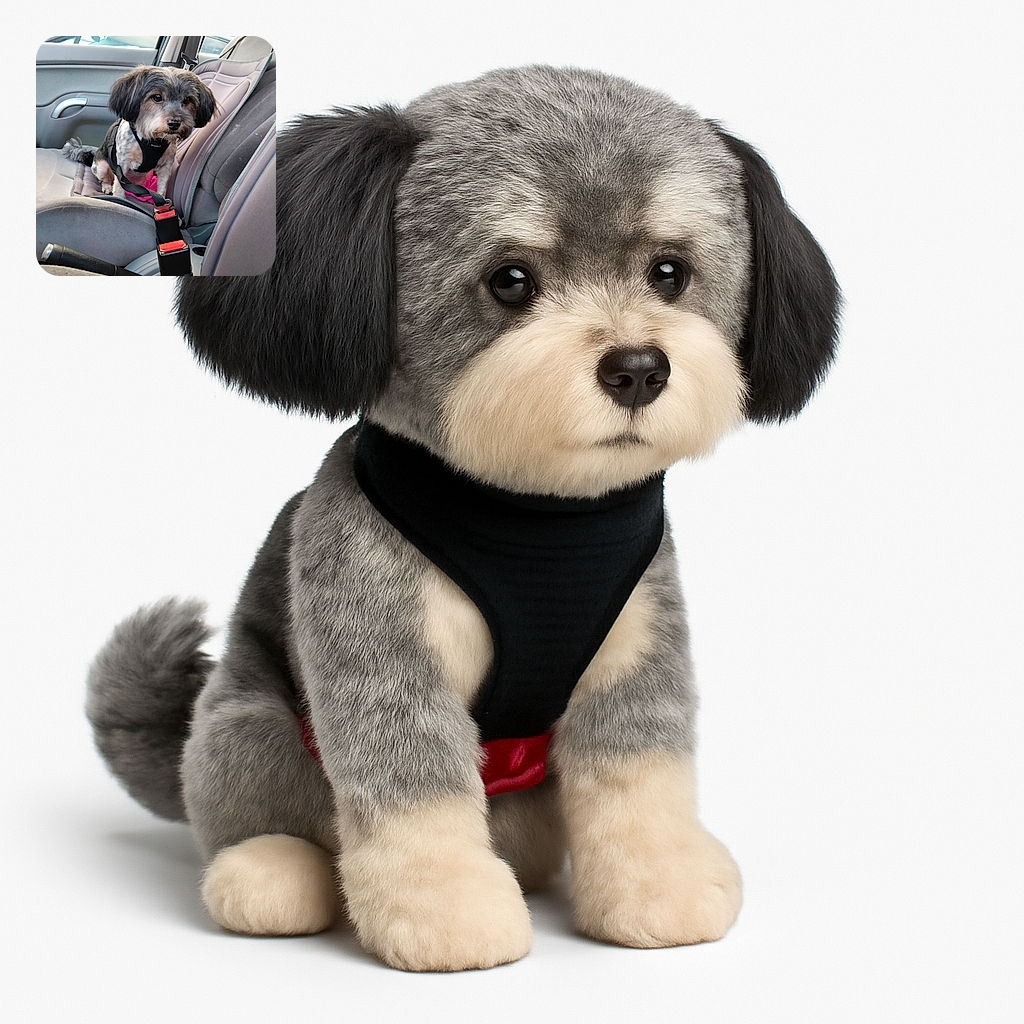 A small, fluffy dog with a black harness sits attentively on the passenger seat of a car, surrounded by soft car seat covers and a pink cloth. The dog looks curious and ready for a ride, while the car interior is clean and well-lit by natural light through the windows.