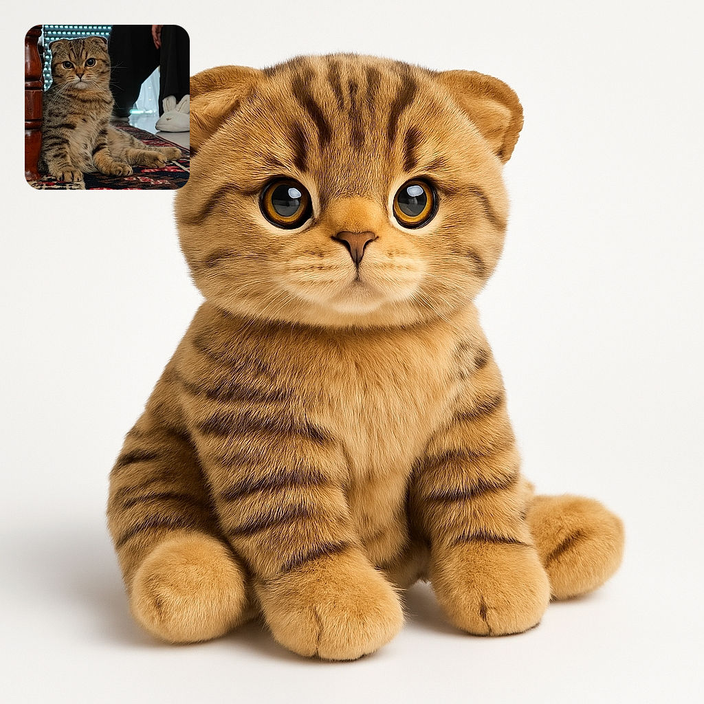 A fluffy Scottish Fold cat lounges on a colorful patterned rug beside a wooden chair leg, with a pair of cozy bunny slippers and a person's legs blurred in the background, creating a warm and homely scene.