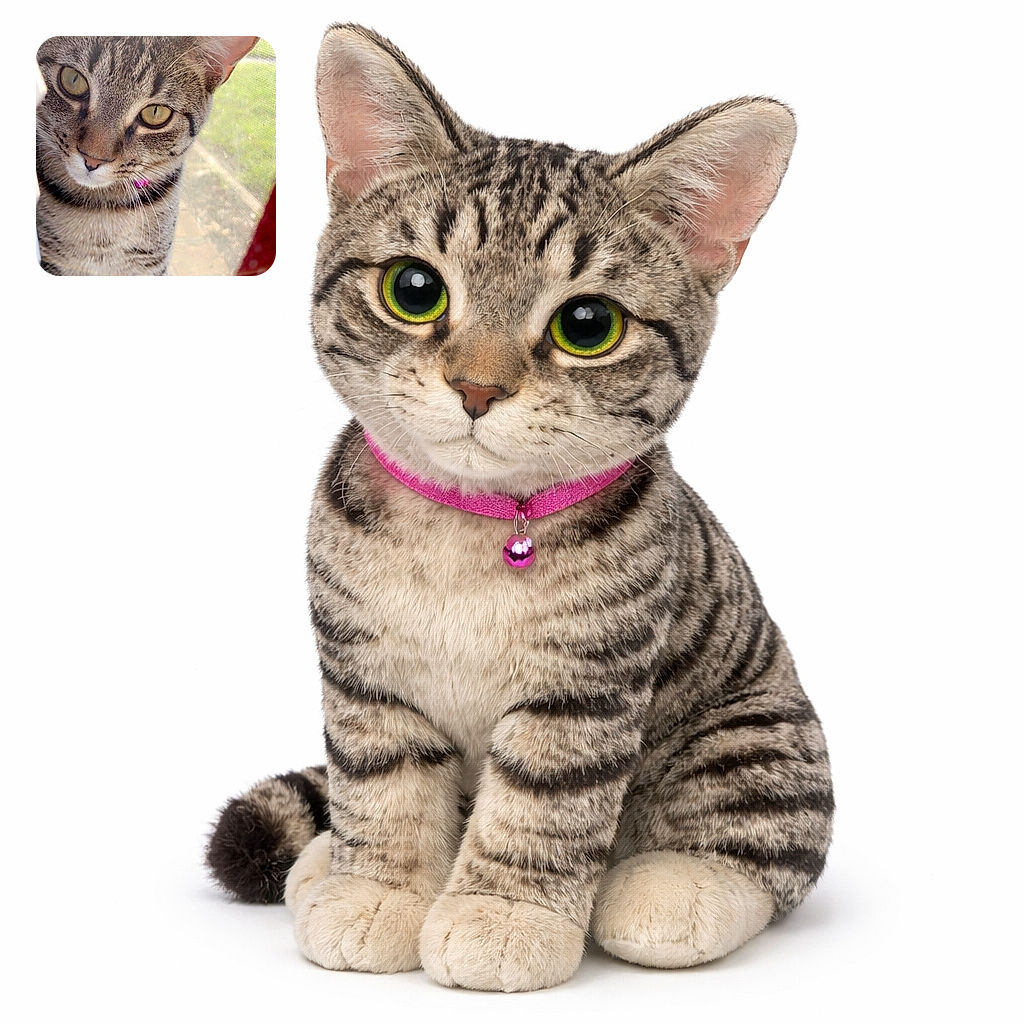 A curious tabby cat presses its face close to the camera, golden eyes locked on the lens and whiskers flaring; a pink collar peeks out while a sunlit window and screen blur the backyard into a soft green backdrop — equal parts diva and detective.