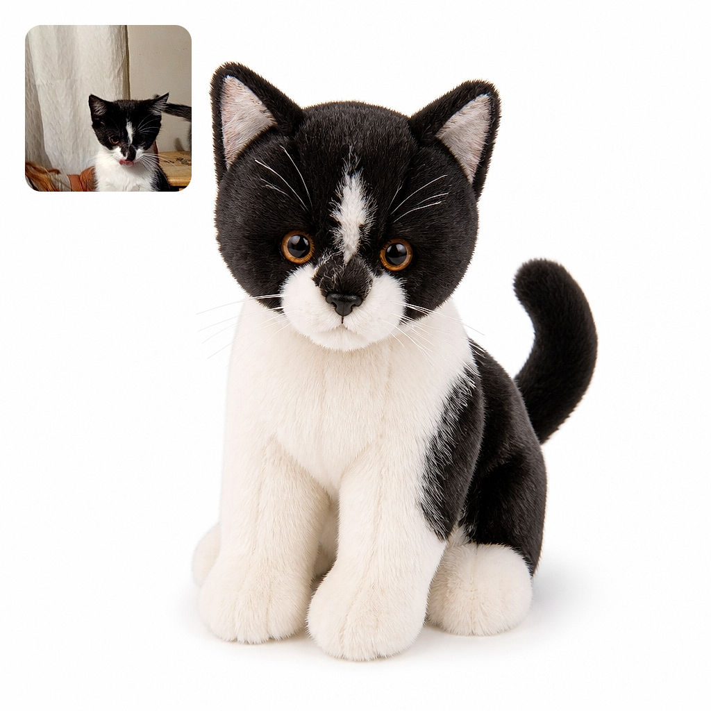 A black-and-white tuxedo kitten sits proudly in the room, looking like it just licked frosting off its nose and is daring everyone to ask questions. Its dramatic ears, bright eyes, and elegant whiskers steal the show while furniture and a cozy home interior fill the background.