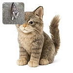 A fluffy gray cat with striking green eyes confidently strides across a rough concrete surface, its tail raised high like a furry flag of independence.
