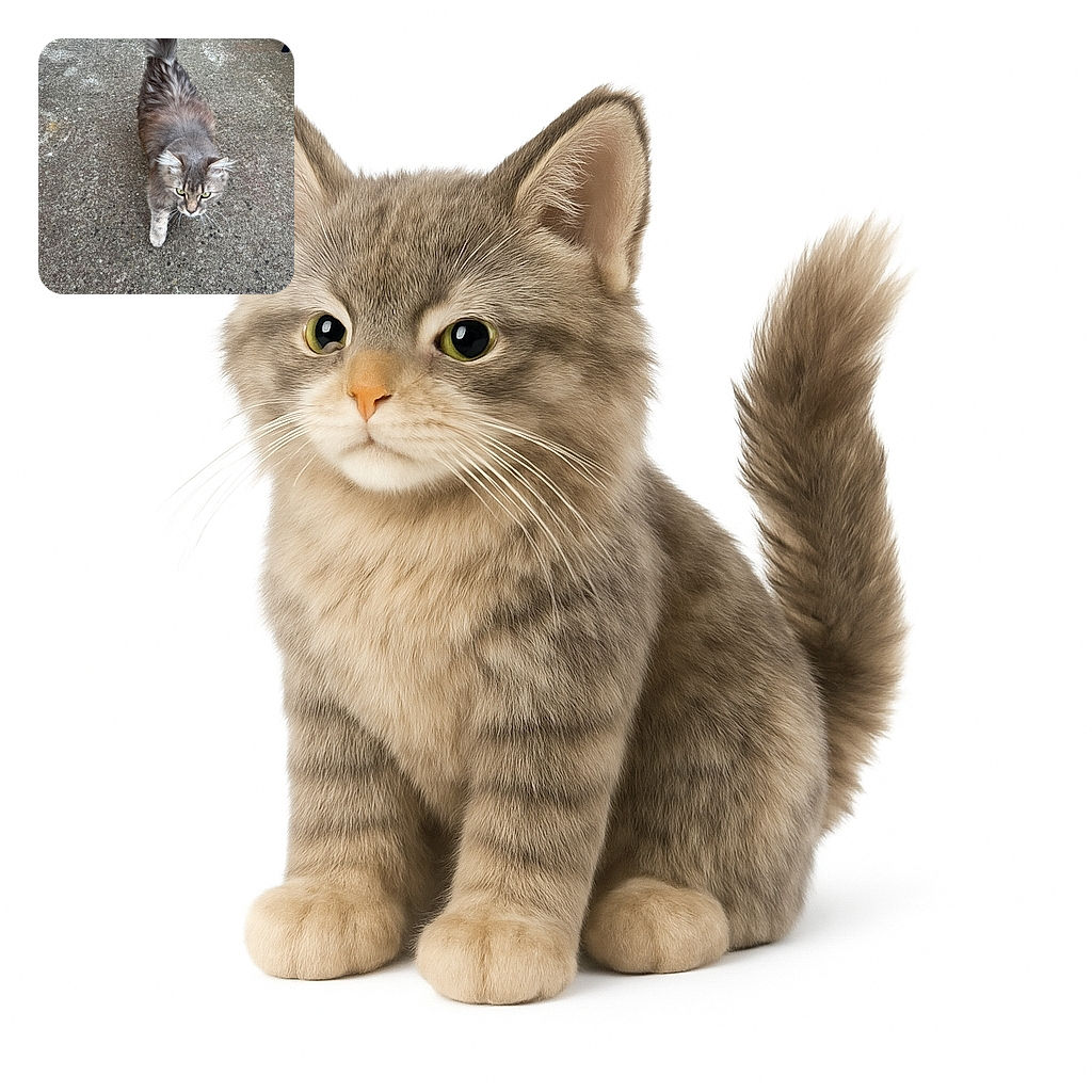 A fluffy gray cat with striking green eyes confidently strides across a rough concrete surface, its tail raised high like a furry flag of independence.