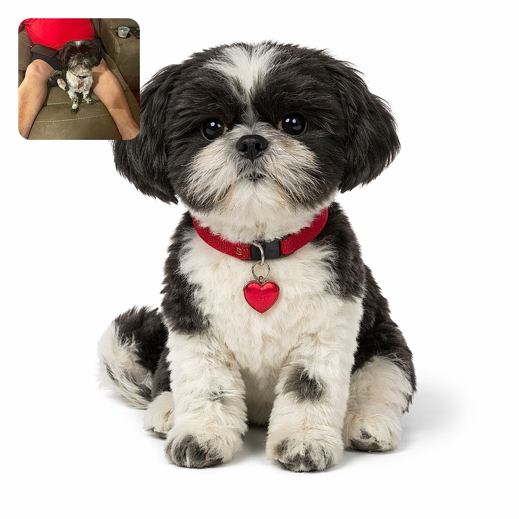 A tiny black and white dog sitting confidently on a recliner between a person's legs, who is wearing a red shirt and dark shorts. The dog looks curious and alert, with a collar and tags visible. The background shows a cozy living room setting with a cup and remote on the armrest.