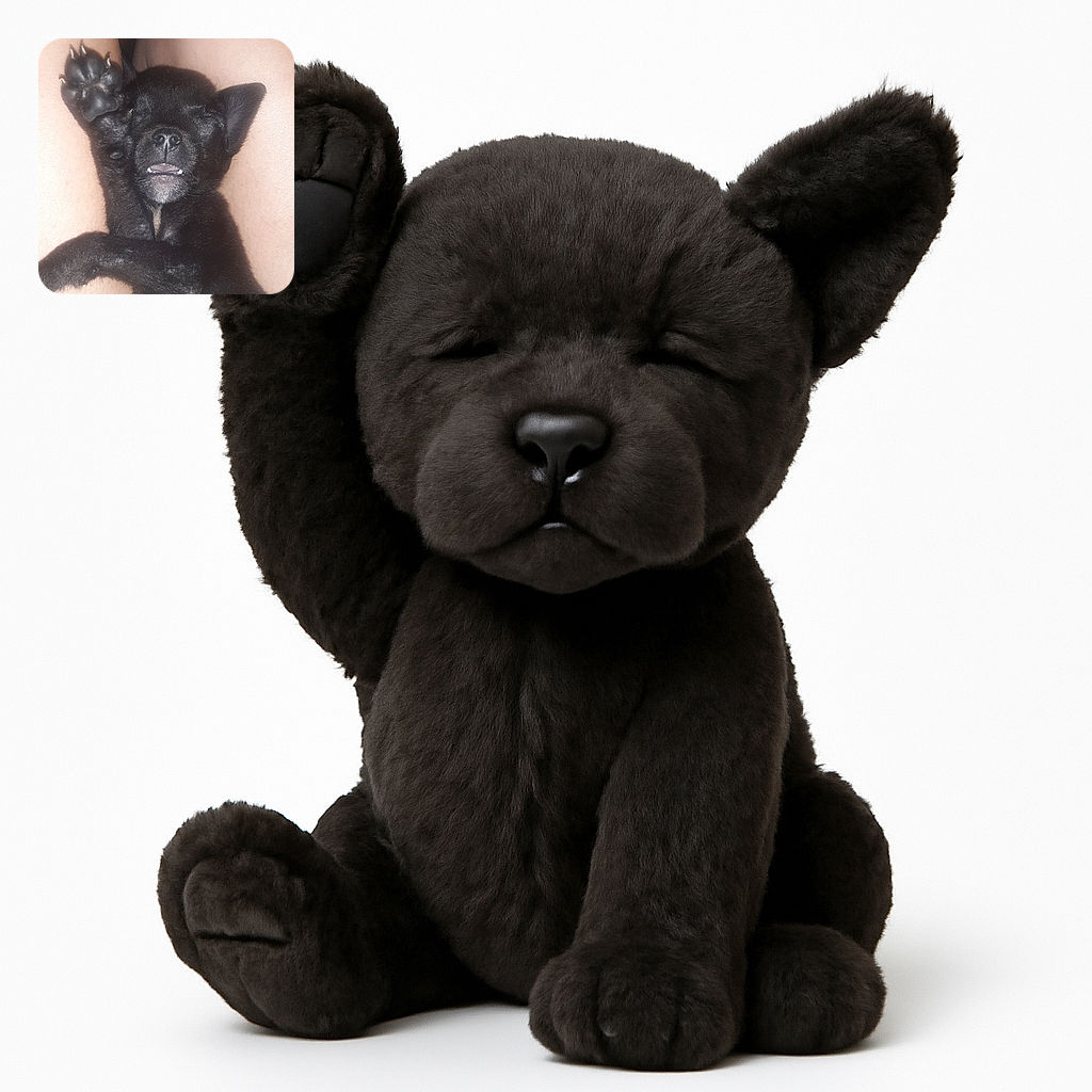 A tiny black puppy is caught mid-nap with one paw raised high like it's waving hello or surrendering to cuteness overload, nestled between two legs with a slightly open mouth showing tiny teeth.