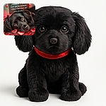 A soulful black dog lies amid a sea of glittery red hearts, gazing up with big, expressive eyes. The soft-focus background features floating heart shapes, and a translucent text overlay in French shares a heartfelt message about humans and animals, adding an emotional touch.