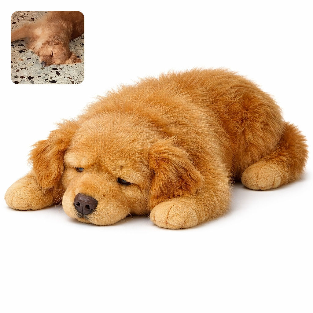 A fluffy golden-brown dog sprawled out in full nap mode on a speckled terrazzo floor, snoozing with nose and ears relaxed — so cozy it looks like it paid rent to that tile.