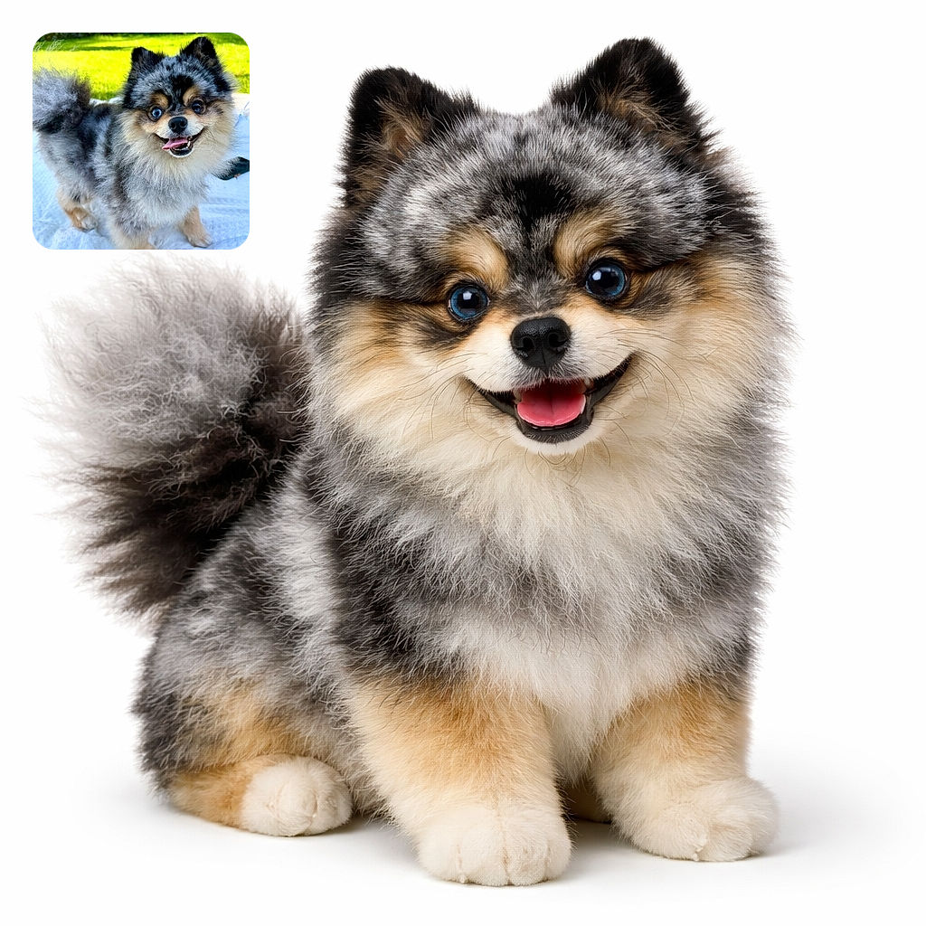 A tiny fluffy pomeranian grins like it just told the best joke — one bright blue eye, a lolling tongue, and a puffball tail with a sunlit garden and green lawn in the background. The pup poses on a white blanket, looking like a confident fur-model ready for snacks.