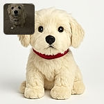 A fluffy light-colored dog looks up with big, curious eyes, sitting on a carpeted floor near a door. The lighting is dim, giving the photo a cozy, intimate feel, while a zebra-striped fabric and a socked foot peek into the frame.