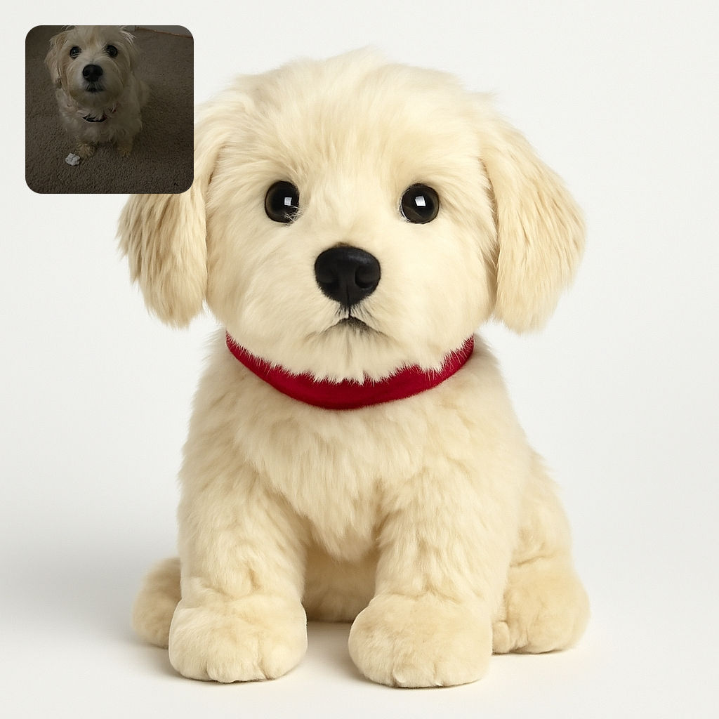 A fluffy light-colored dog looks up with big, curious eyes, sitting on a carpeted floor near a door. The lighting is dim, giving the photo a cozy, intimate feel, while a zebra-striped fabric and a socked foot peek into the frame.