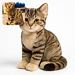 A charming tabby cat sits gracefully on a soft blanket, gazing into the camera with curious, bright eyes. The cozy indoor setting is softly lit, with a blurred TV screen in the background adding a homey vibe. The cat's striped fur and fluffy tail create a perfect picture of feline elegance and comfort.