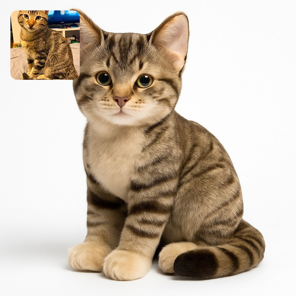 A charming tabby cat sits gracefully on a soft blanket, gazing into the camera with curious, bright eyes. The cozy indoor setting is softly lit, with a blurred TV screen in the background adding a homey vibe. The cat's striped fur and fluffy tail create a perfect picture of feline elegance and comfort.