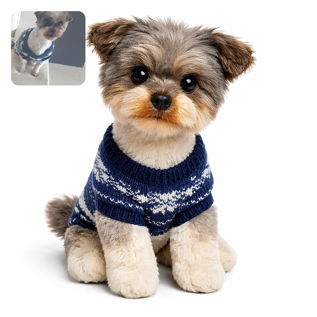 A small dog wearing a cozy blue and white sweater stands on the edge of a white couch, looking curiously at the camera with a slightly blurred background of a room with tiled floors and a dark cabinet.