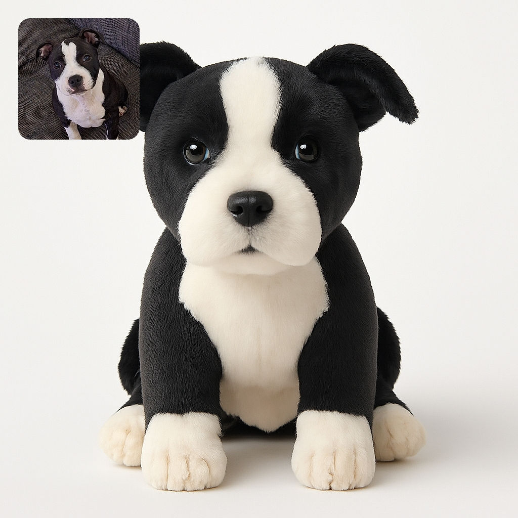 An adorable black and white puppy sits attentively on a textured gray couch, looking up with curious, shiny eyes and floppy ears, with a blue toy just barely visible at the bottom of the frame.