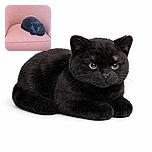 A sleek black cat lounges comfortably on a soft pink armchair, looking contemplatively to the side as if plotting its next nap or mischief.