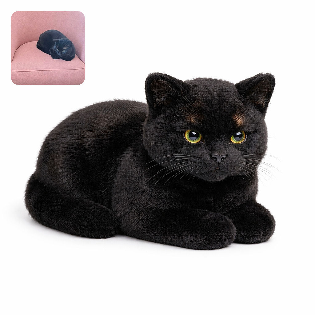 A sleek black cat lounges comfortably on a soft pink armchair, looking contemplatively to the side as if plotting its next nap or mischief.