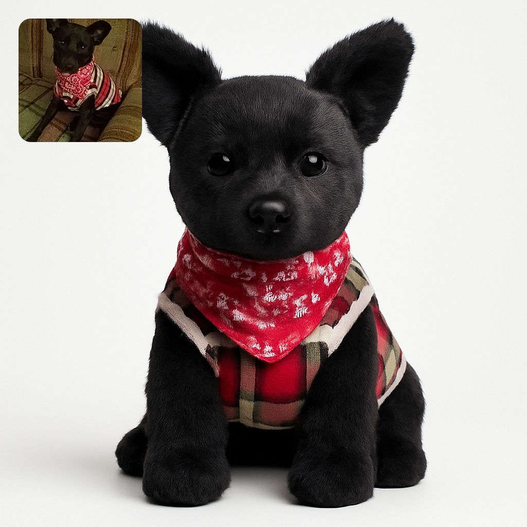 A small black dog dressed in a red and white plaid shirt with a matching red bandana, sitting attentively on a patterned couch. The cozy setting and the dog's curious expression make for a charming and heartwarming snapshot.