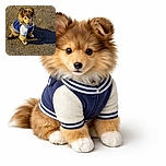 A fluffy puppy dressed in a cute blue and white jacket sits attentively on a textured pavement, casting a long shadow in the warm sunlight, looking ready for an outdoor adventure or a fashion show.